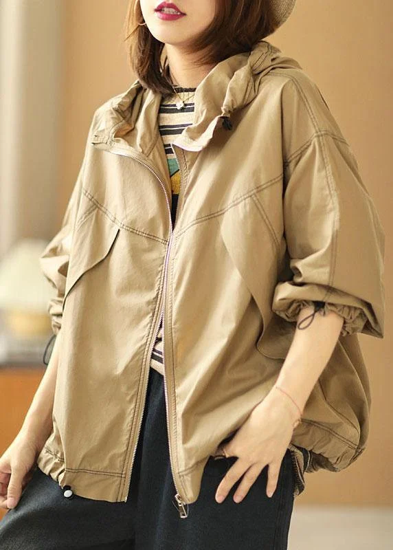 Stylish Wear Chic and Comfortable Pieces Boutique Khaki Loose Pockets Fall Hoodie Coat Long sleeve