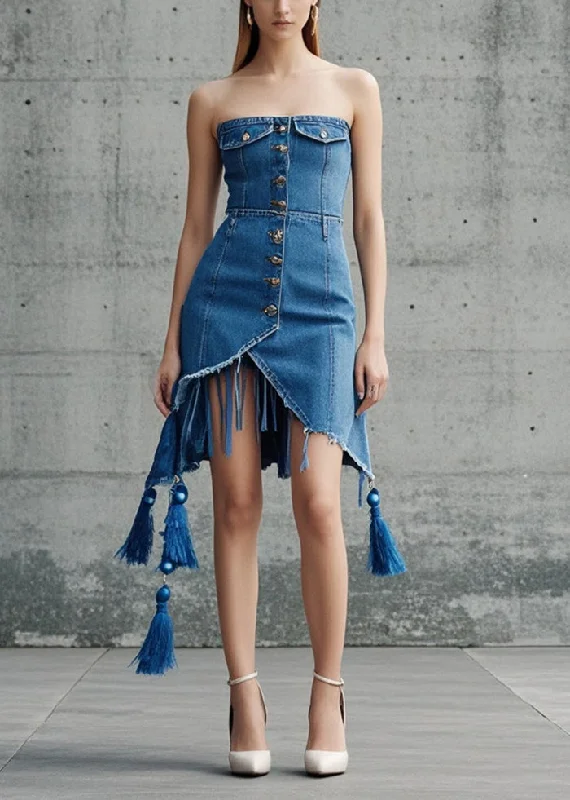 Trendy Casuals Chic and Comfortable Pieces Women Blue Tasseled Asymmetrical Design Denim Day Strapless Dress Summer