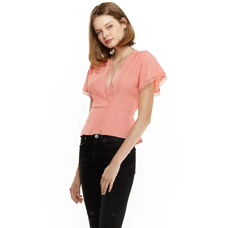 Luxe Comfort Stylish Layered Wear Women's Lace Trim Cape Sleeve Wrap Blouse in Coral