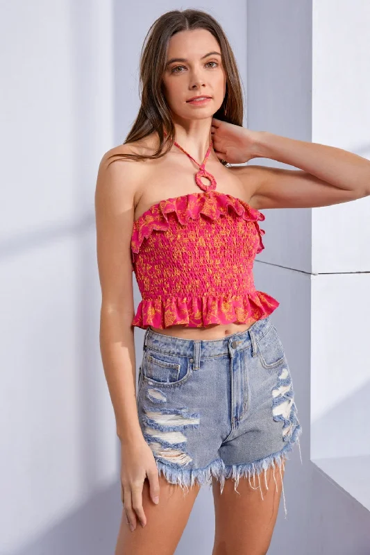 Warm Wear Trendy Warm Pieces MUSTARD SEED Ruffled Smocked Backless Sleeveless Top