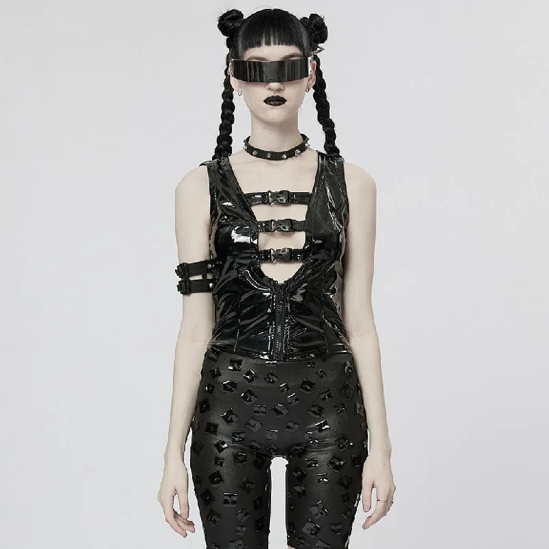 Warm Comfort Relaxed Comfort Pieces Women's Punk Plunging Buckles Patent Leather Vest