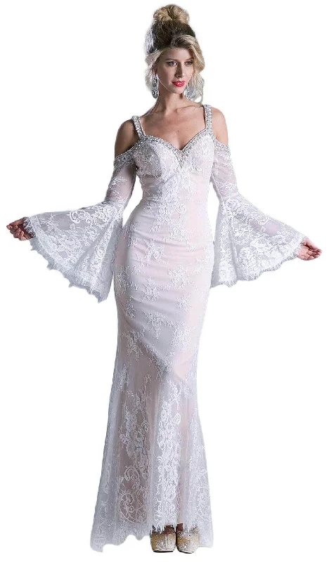 Cozy Chic Practical Soft Layers Ladivine 13112 - Adorned Lace Long Bell Sleeve Sheath Dress Cozy Chic Practical Soft Layers Ladivine 13112 - Adorned Lace Long Bell Sleeve Sheath Dress