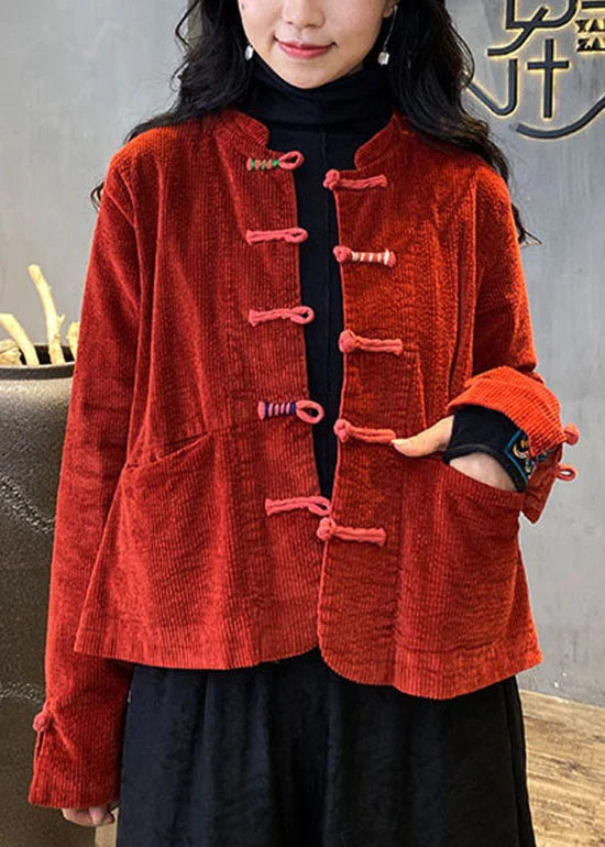 Easy-to-Wear Effortless Street Chic 2025 Red button O-Neck pockets Corduroy Coats Spring
