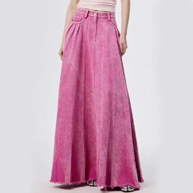 Timeless Comfort Relaxed Streetwear Fit High Waist A-line Floor-Length Denim Skirt in Flash Rose Pink