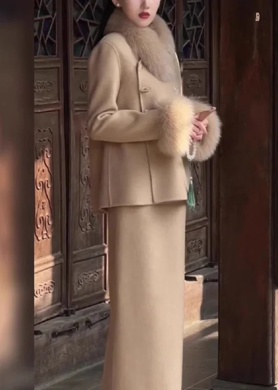 Comfortable Looks Effortless Street Chic New Light Camel Fur Collar Button Patchwork Woolen Two-Piece Set Winter Comfortable Looks Effortless Street Chic New Light Camel Fur Collar Button Patchwork Woolen Two-Piece Set Winter