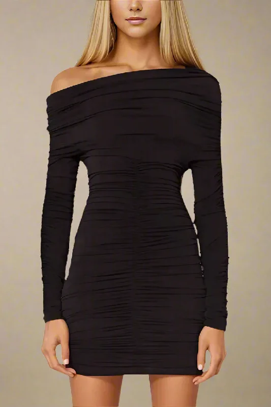 Urban Chic Simple Cozy Pieces Alessandra Long Sleeve Wrap Bodycon Mini Dress - Classic Black