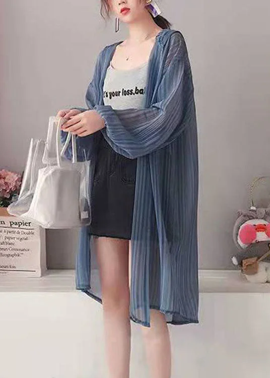 Timeless Style Cozy Everyday Wear Loose Blue Hooded Striped Silk Cardigan Long Sleeve
