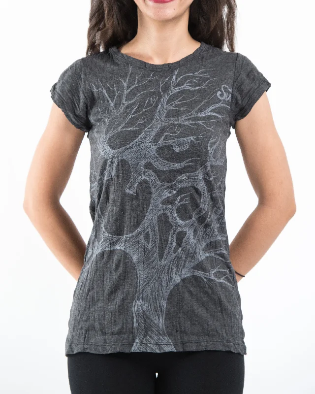 Weekend Wear Cozy Everyday Styles Womens Om Tree T-Shirt in Silver on Black