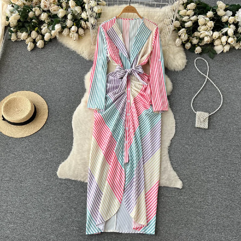 Weekend Comfort Comfortable Layering Options Contrast Color Striped V-neck Dress