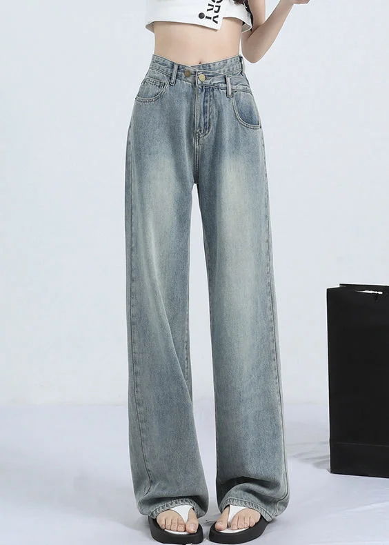 Casual Comfort Cozy Layering Pieces Blue Pockets Denim Straight Pants High Waist Spring