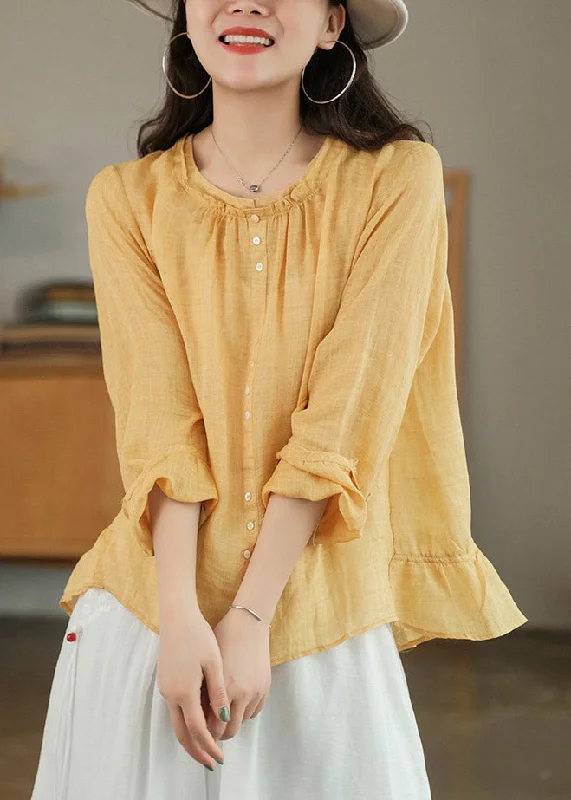 Light Comfort Simple Chic Pieces Modern Yellow O-Neck Button Linen Shirt Tops Three Quarter sleeve