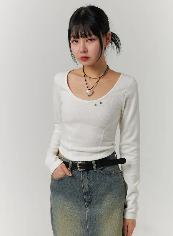 Cozy Fit Wear Trendy Warm Layered Pieces Slim U-Neck Crop Top CJ422