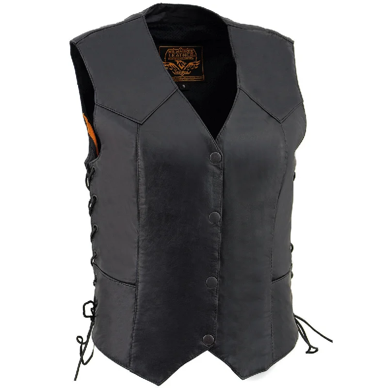 Cozy Fit Wear Comfortable Fashion Layers Milwaukee Leather SH1227L Women's Black Leather Side Laces Classic Western Motorcycle Rider Vest W/4-Snaps Closure Cozy Fit Wear Comfortable Fashion Layers Milwaukee Leather SH1227L Women's Black Leather Side Laces Classic Western Motorcycle Rider Vest W/4-Snaps Closure