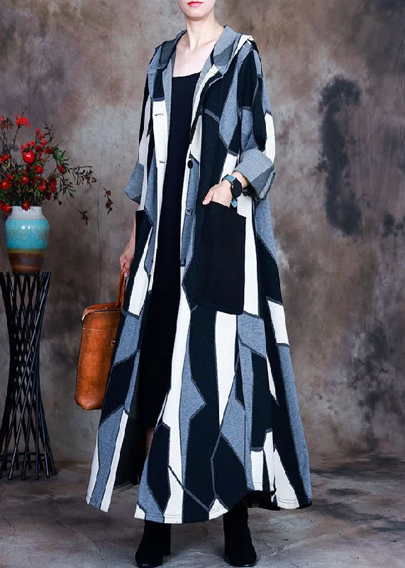 Smart Comfort Trendy Soft Fit Italian Black White Hooded Print Woolen Coat Spring