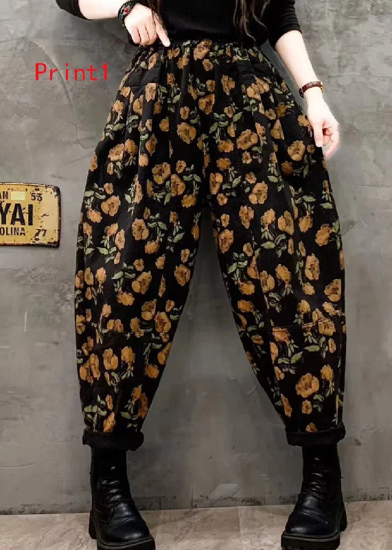 Sporty Comfort Trendy Casual Comfort Vintage Floral Print Elastic Waist Denim Harlan Pants Autumn