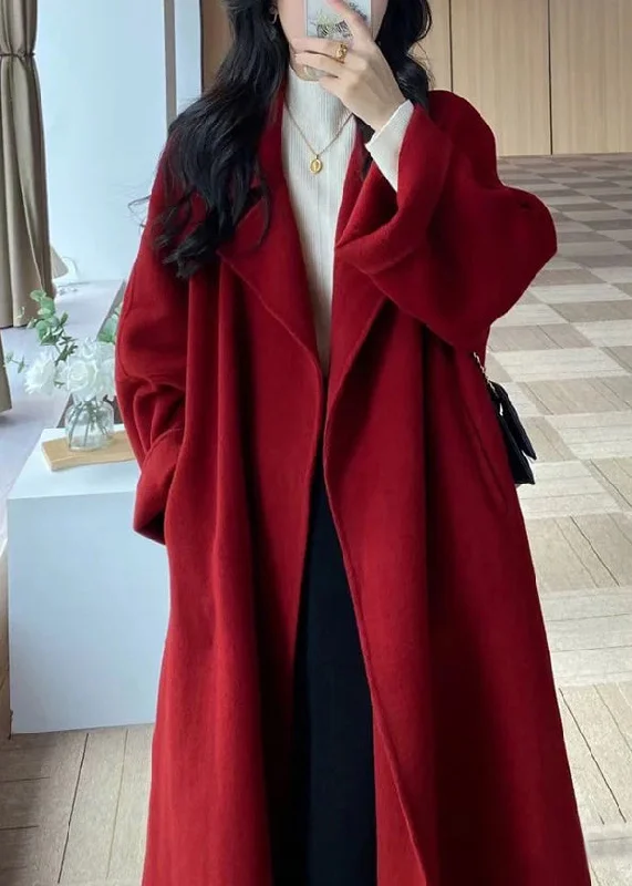 Urban Chic Cozy Fashion Pieces Stylish Red Peter Pan Collar Pockets Woolen Wrap Coat Winter