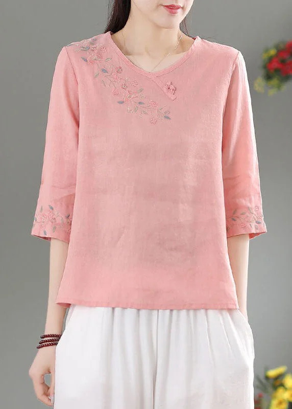 Layered Style Comfortable Layering Options Modern Pink O-Neck Side Open Linen Top Three Quarter sleeve