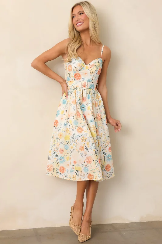 Weekend Style Soft Wear Fit Garden Harvest Ivory Floral Belted Cotton Midi Dress