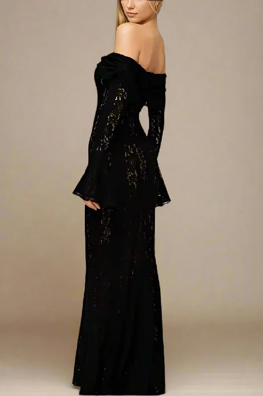 Sporty Comfort Comfortable Layered Looks Rose Long Sleeve Bodycon Maxi Dress - Classic Black