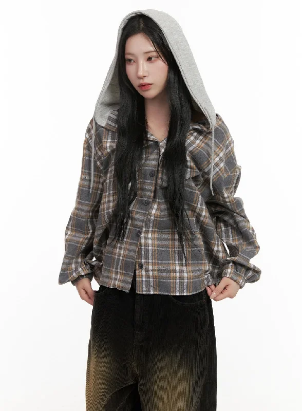 Simple Comfort Practical Warm Clothing Buttoned Check Hooded Blouse CD410