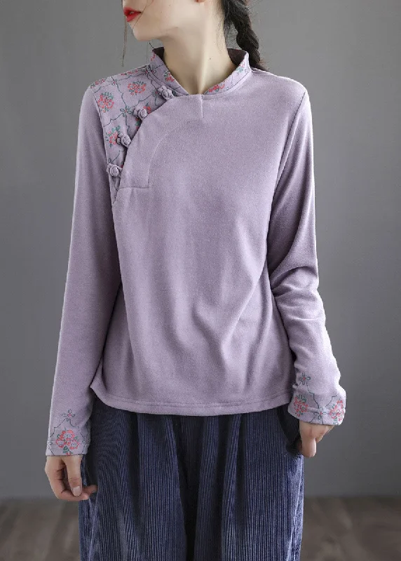 Comfort Fit Soft Street Fashion Modern Purple Embroideried Button Floral Fall Cotton Top