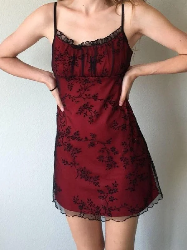 Comfortable Jeans Relaxed Streetwear Fit Floral Mesh Paneled Mini Dress
