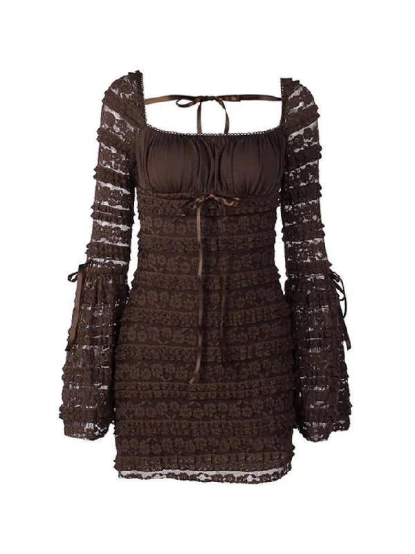 Soft Fabrics Casual Soft Layers Solid Multi Layered Lace Square Neck Mini Dress