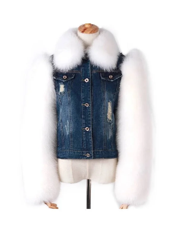 Chic Outfits Comfy Layering Trends White Fox Fur Trimmed Ripped Denim Jacket