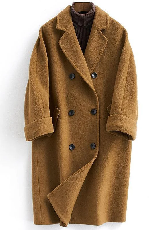 Warm Comfort Comfy Warm Fashion vintage plus size long double breast coats brown Notched woolen outwear