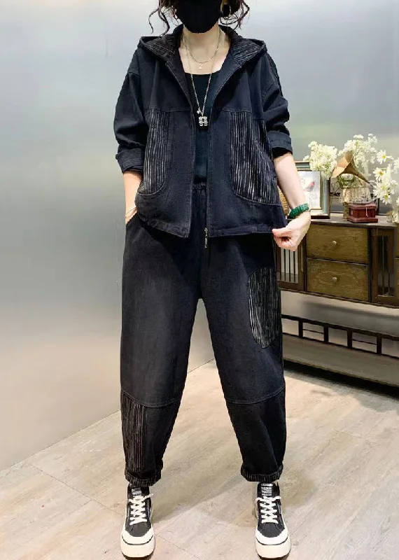 Relaxed Fashion Cozy and Relaxed Wear Black Patchwork Denim Two Piece Set Tops And Pants Fall