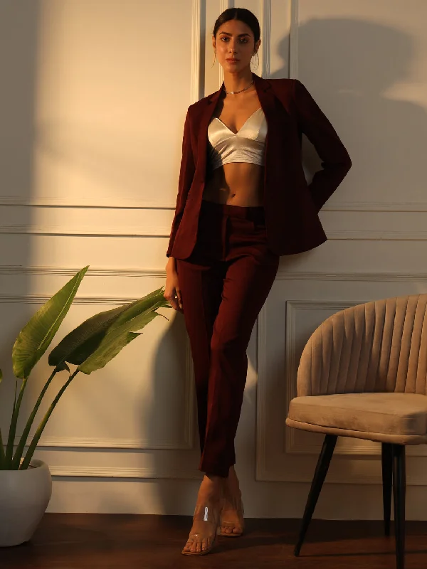 Minimal Comfort Comfortable Chic Wearables Notched Collar Stretch Pant Suit - Maroon Minimal Comfort Comfortable Chic Wearables Notched Collar Stretch Pant Suit - Maroon