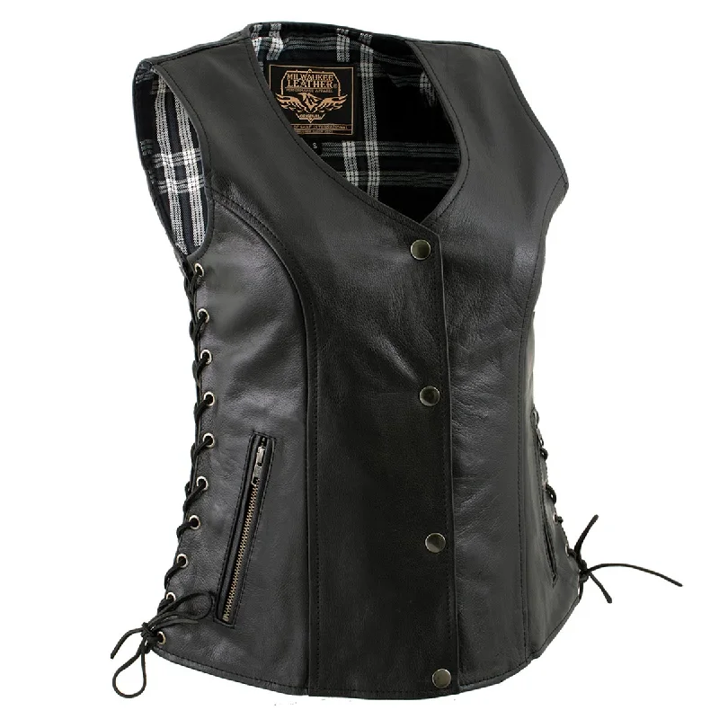 Effortless Outfits Effortless Cozy Layers Milwaukee Leather LKL4710 Women's Black Premium Leather Motorcycle Biker Rider Vest w/ Snap Button Closure