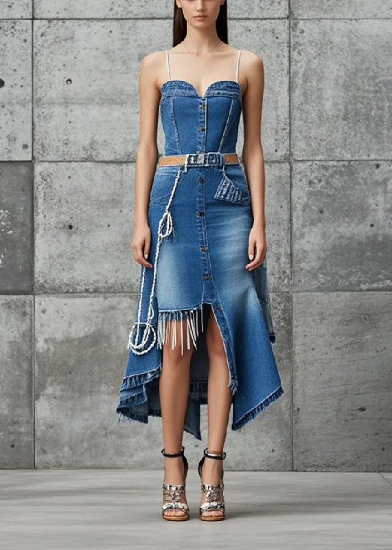 Simple Style Comfy Layering Trends Boho Blue Asymmetrical Design Silm Fit Denim Spaghetti Strap Dress Summer