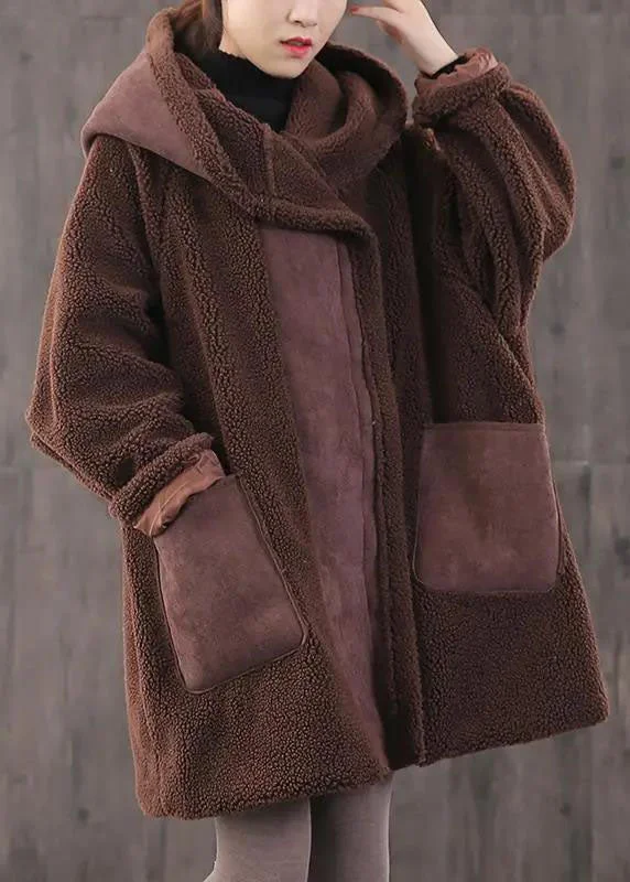 Basic Comfort Cozy Stylish Wear Fitted Chocolate zippered Pockets Loose Thick Winter Long sleeve Hooded Coat