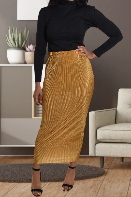 Soft Layers Streetwear Comfort Pieces Elastic Waist Gold Pencil Skirt