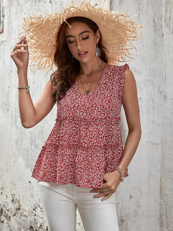 Light Comfort Casual Soft Fit Printed Frill Trim V-Neck Blouse
