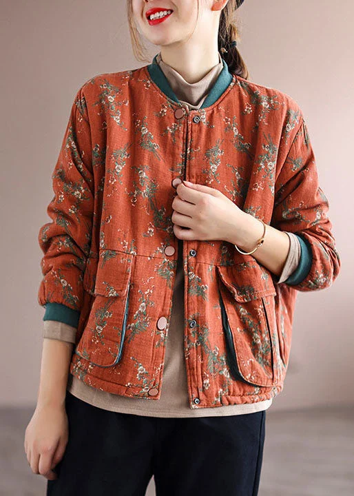 Soft Knitwear Relaxed Comfort Pieces Women Orange Pockets Print Fine Cotton Filled Coats Spring