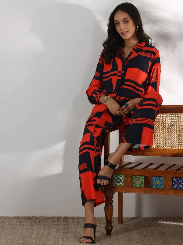 Weekend Comfort Casual Soft Fit Red Printed Rayon Co-Ords