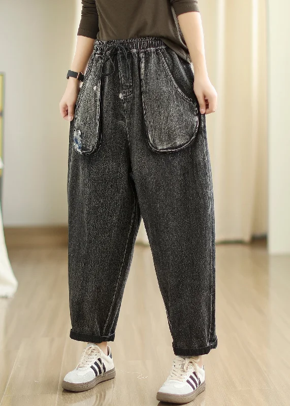 Fashionable Ease Streetwear Comfort Pieces Boutique Black Oversized Patchwork Pockets Denim Pants Spring