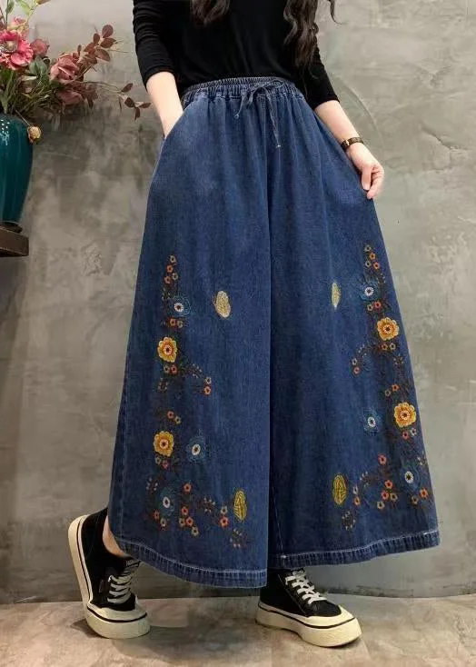 Cozy Outfit Effortless Fashion Options Original Blue Embroidery Patchwork Elastic Waist Denim Wide Leg Pants Autumn