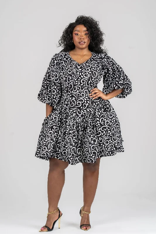 Cozy Shirts Simple Cozy Pieces Rosie Ankara Short flare Dress | Black & White African Print
