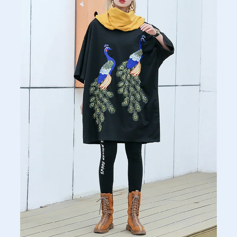 Chic Lounge Cozy Chic Looks Organic black cotton box top Vintage design o neck patchwork Plus Size Clothing tops