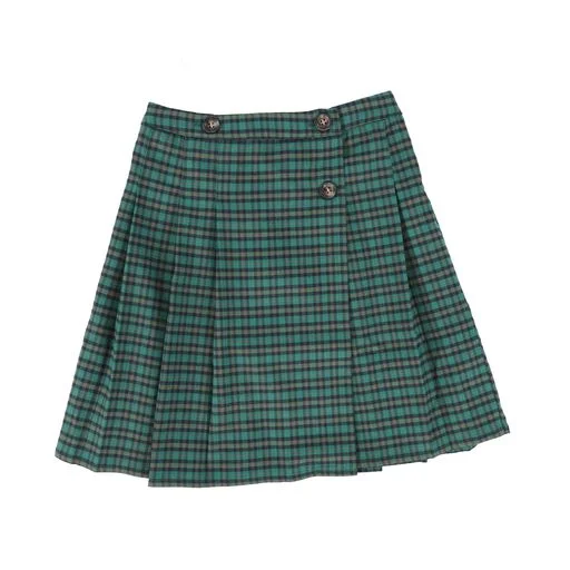 Modern Chic Trendy Soft Fit LILOU GREEN PLAID PLEAT BUTTON SKIRT [Final Sale]