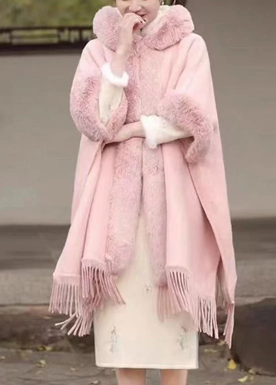 Relaxed Wear Comfortable Layering Options Fashion Pink Fur Collar Tassel Hooded Woolen Coat Spring Relaxed Wear Comfortable Layering Options Fashion Pink Fur Collar Tassel Hooded Woolen Coat Spring
