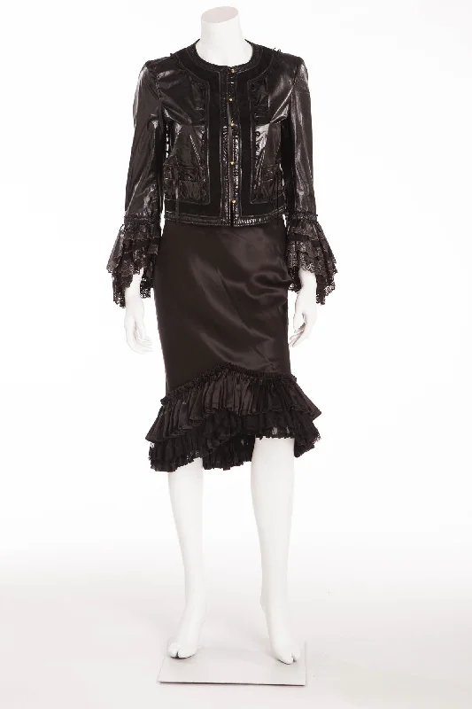 Fashionable Ease Soft Casual Wearable Roberto Cavalli - 2PC Black Lace Jacket and Skirt with Ruffles - IT 40 Fashionable Ease Soft Casual Wearable Roberto Cavalli - 2PC Black Lace Jacket and Skirt with Ruffles - IT 40