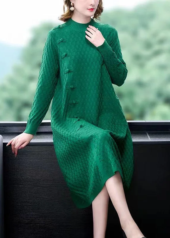 Versatile Outfits Fashionable Cozy Looks Loose Green Pockets Solid Woolen Sweater Dress Winter