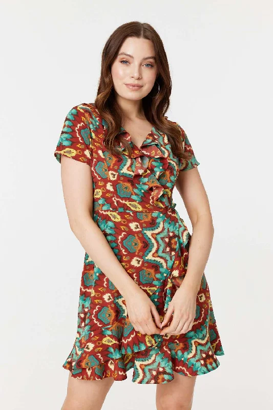 Trendy Looks Cozy Everyday Styles Printed Ruffle Front Wrap Dress