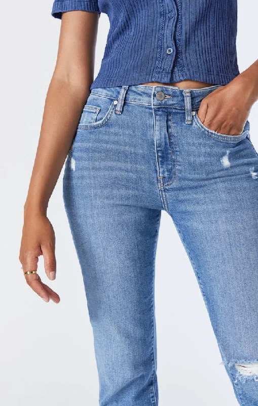 Breezy Comfort Affordable Soft Layers SOHO GIRLFRIEND JEANS IN MID DISTRESSED RECYCLED BLUE