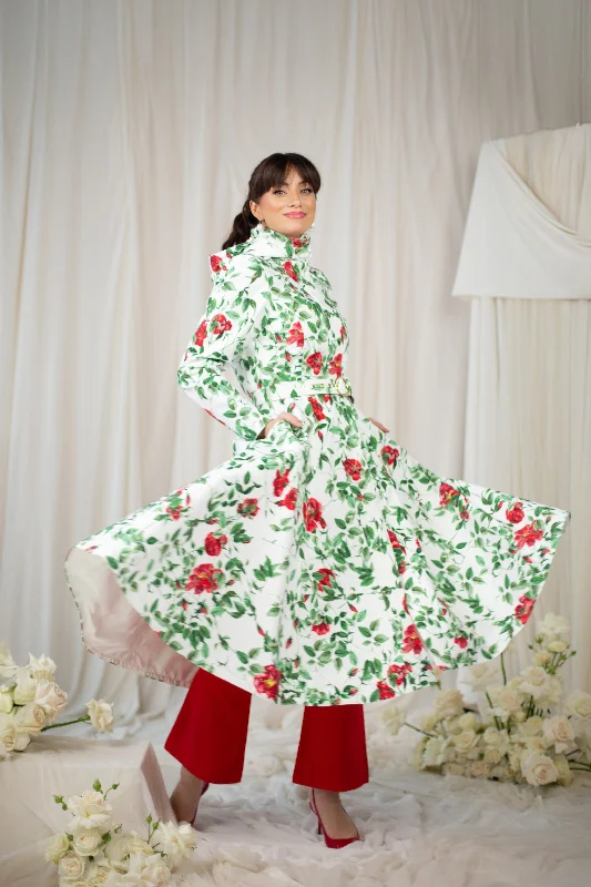 Weekend Wear Relaxed Chic Pieces Fit and Flare Coat with A-Line Skirt in White | 'Charming Rose' Weekend Wear Relaxed Chic Pieces Fit and Flare Coat with A-Line Skirt in White | 'Charming Rose'