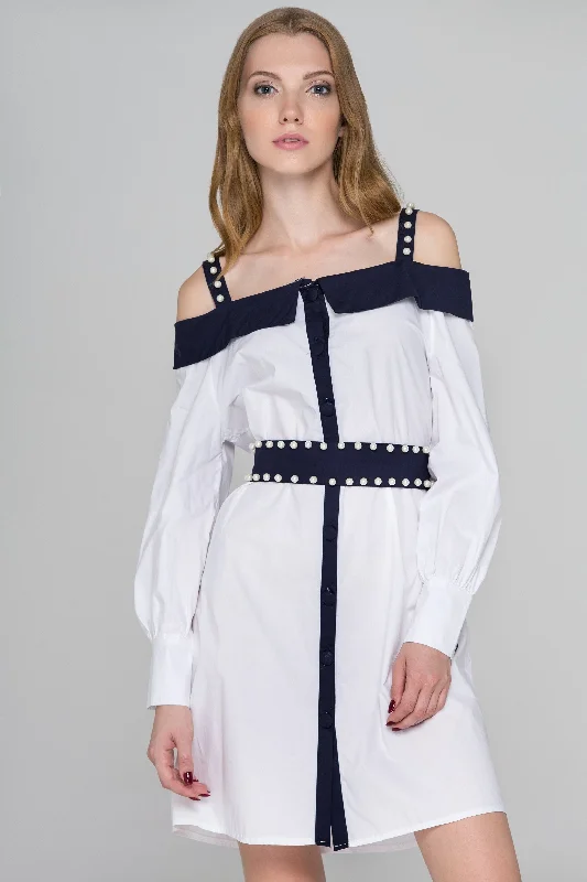 Comfortable Jackets Effortless Cozy Layers White and Blue Trim with Pearls Cold Shoulder Midi Dress